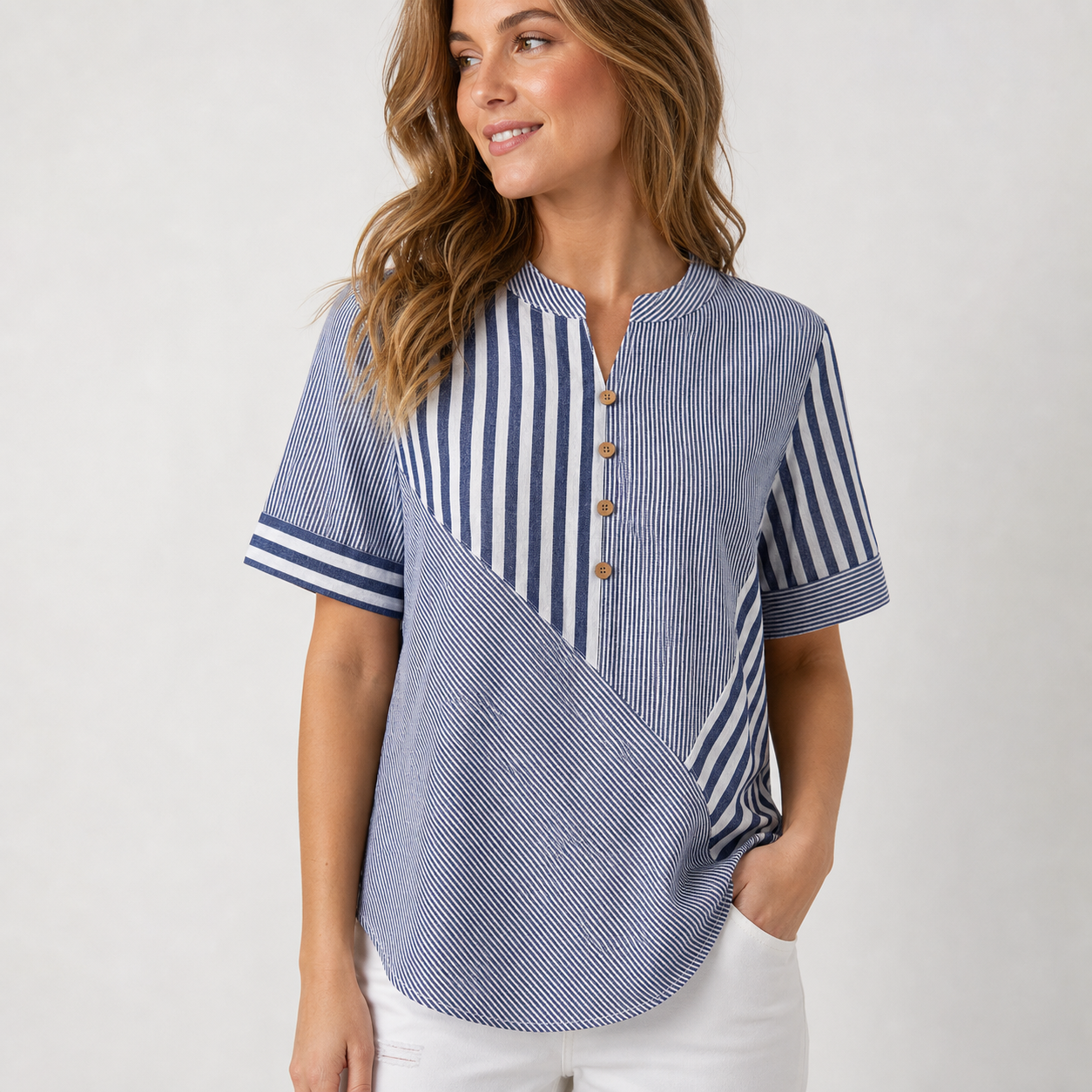 Navy women's striped patchwork button blouse