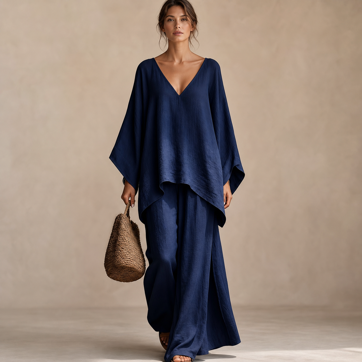 Navy women's loose V-neck two piece set