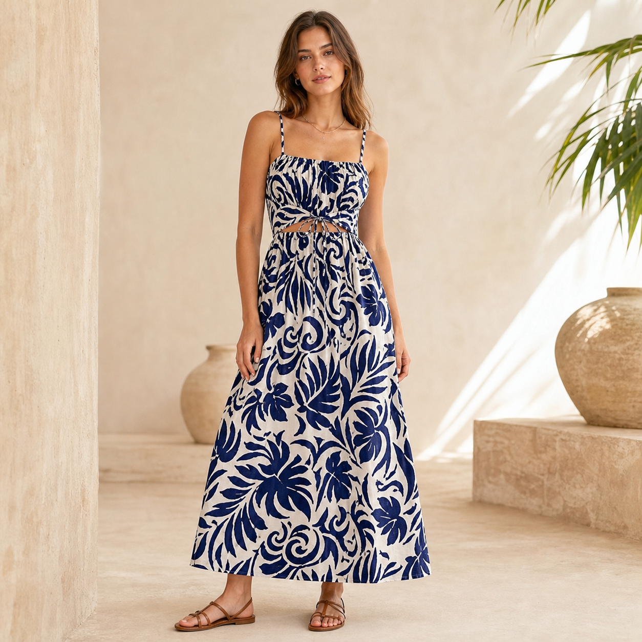 Navy Leaf women's tropical print cami maxi dress