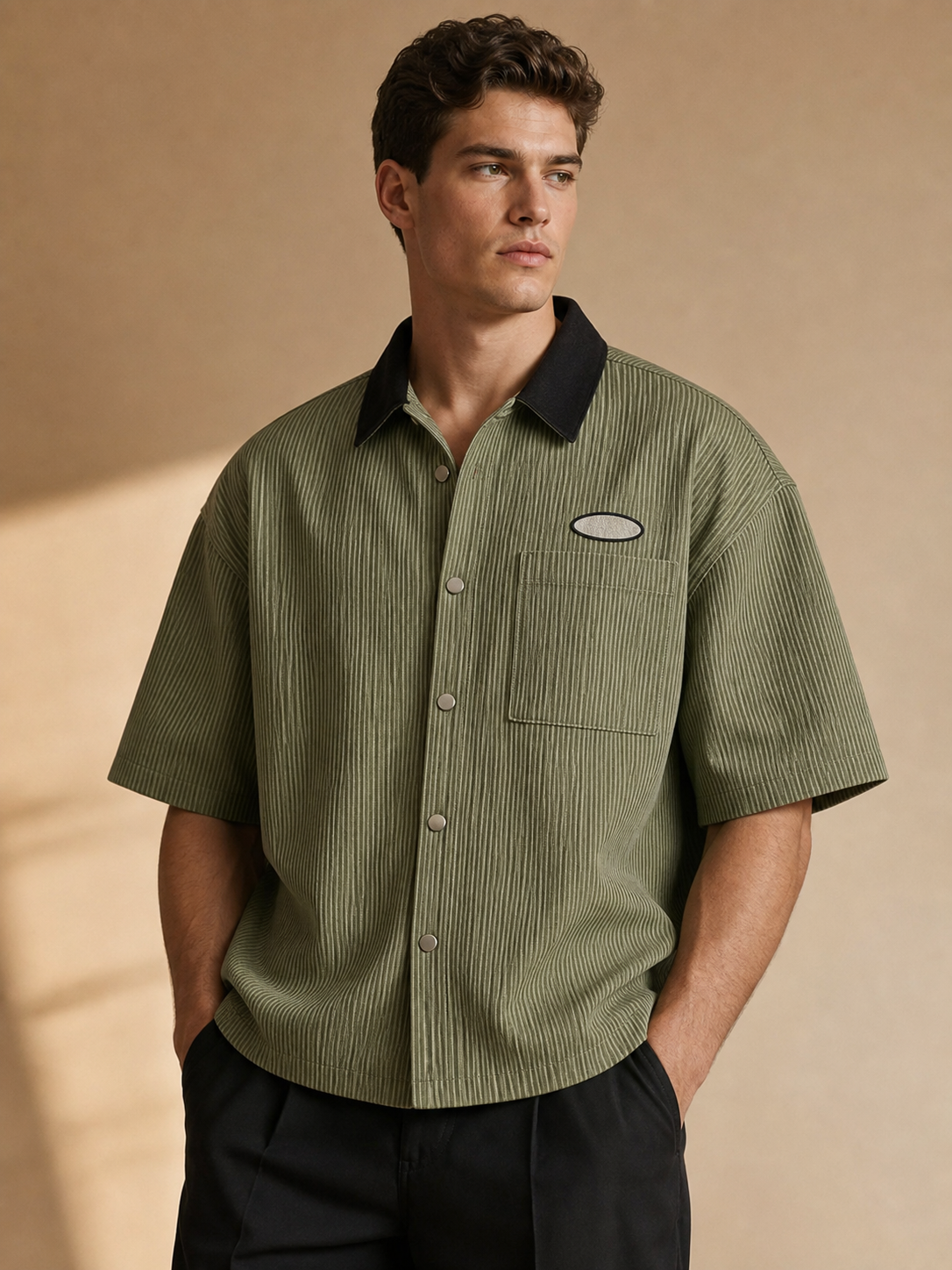 Olive men's striped button shirt