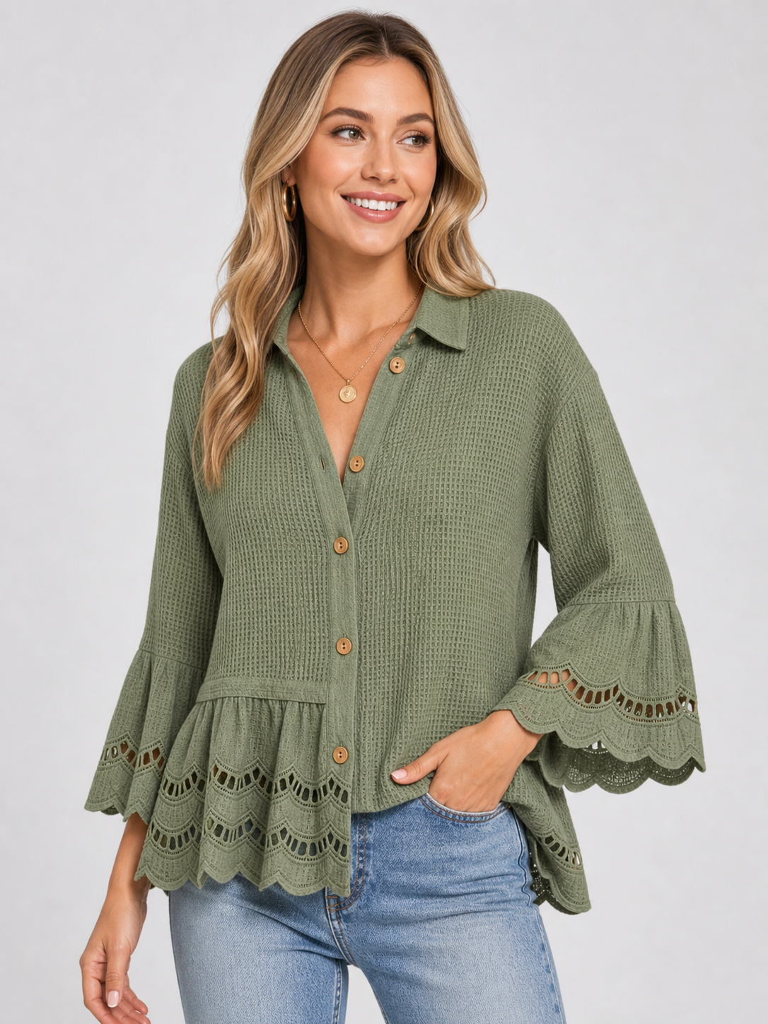Olive women's lace trim button blouse