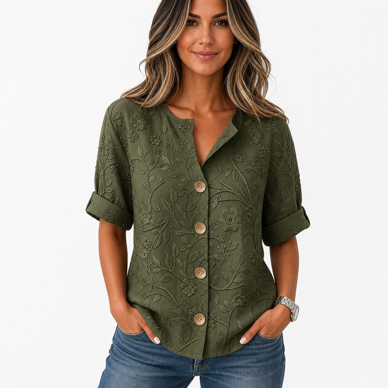 Olive women's embossed floral button shirt