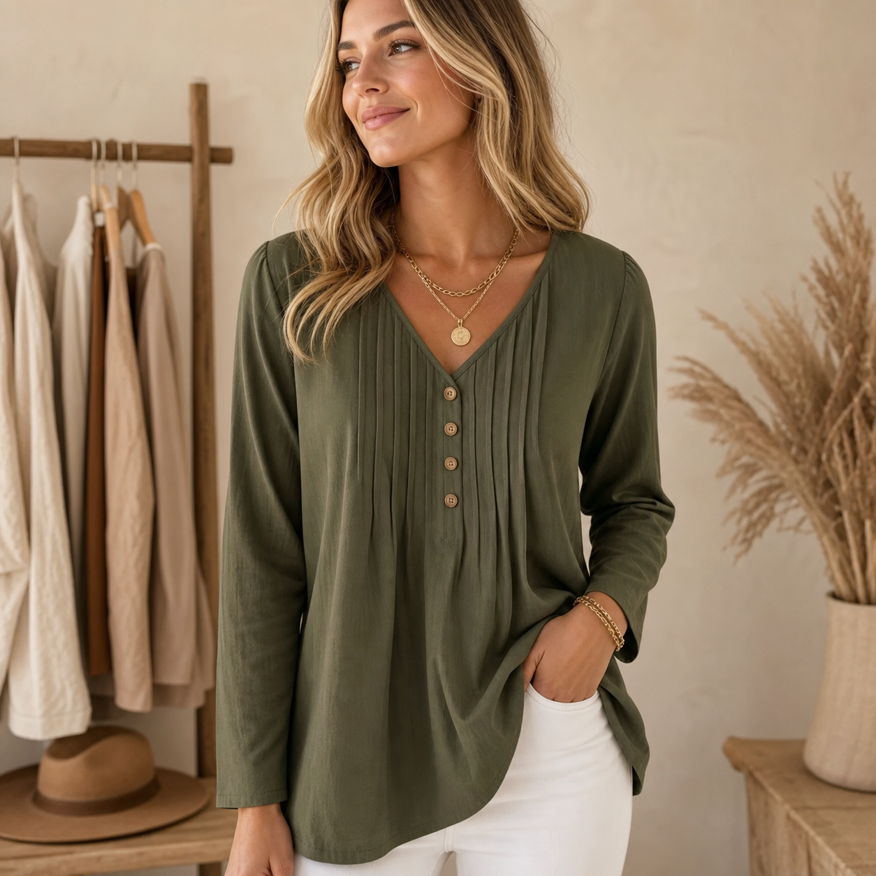 Olive women's v-neck pleated button blouse