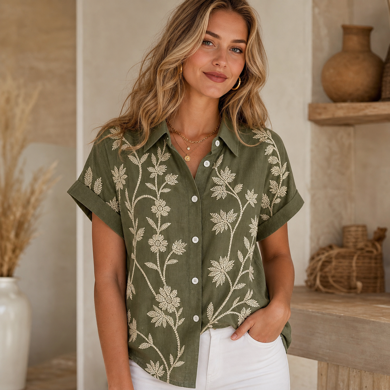 Olive women's embroidered floral button shirt