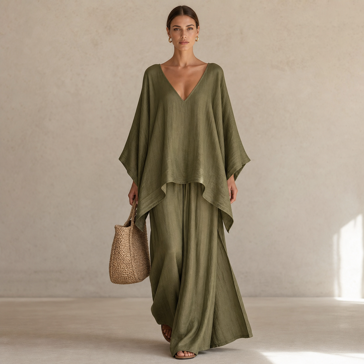 Olive women's loose V-neck two piece set