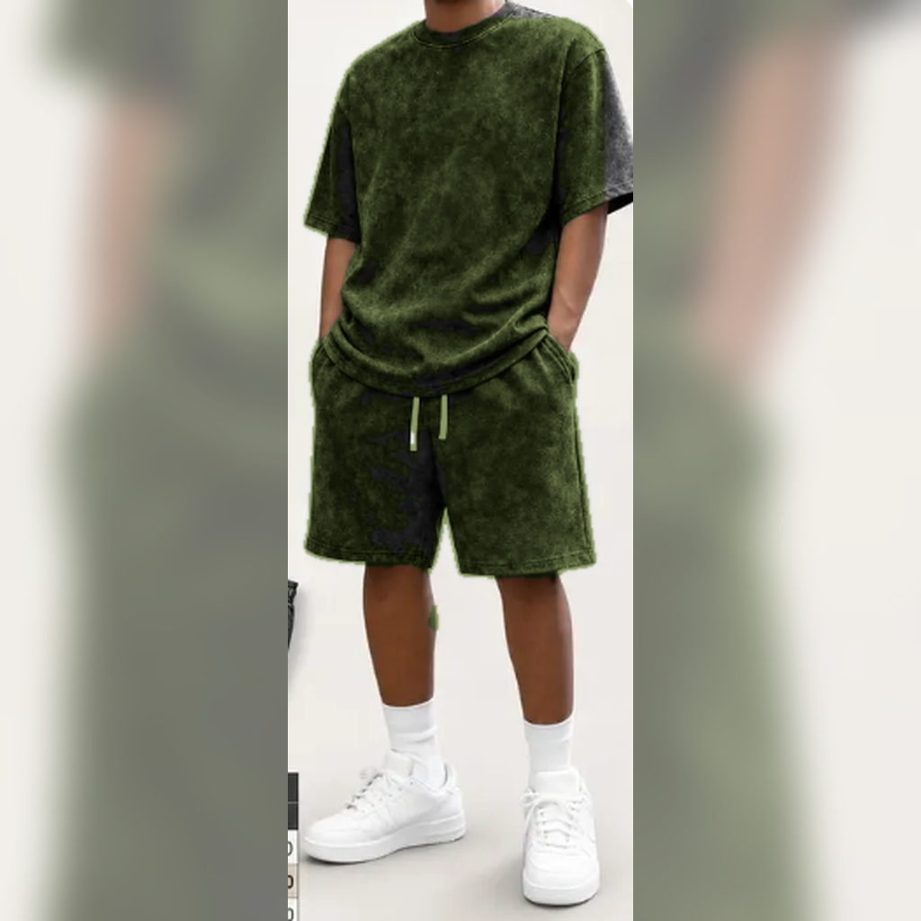 Olive men's washed tee and shorts set model