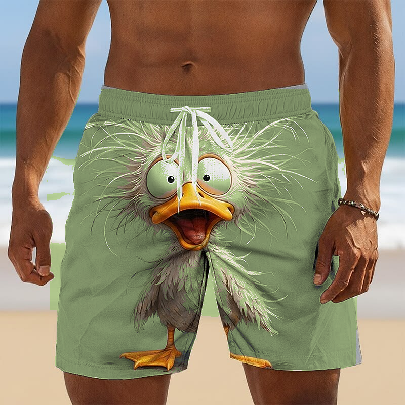 Olive Bird Print men's novelty bird print beach shorts