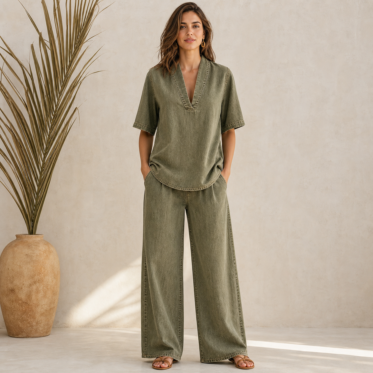 Olive Denim women's denim V-neck wide-leg two-piece set