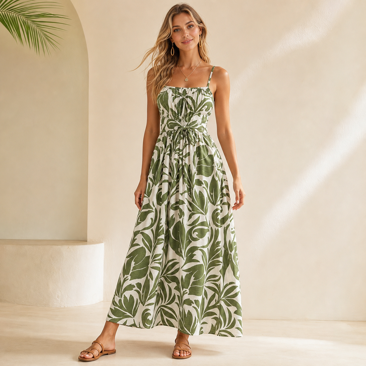 Olive Green Leaf women's tropical print cami maxi dress
