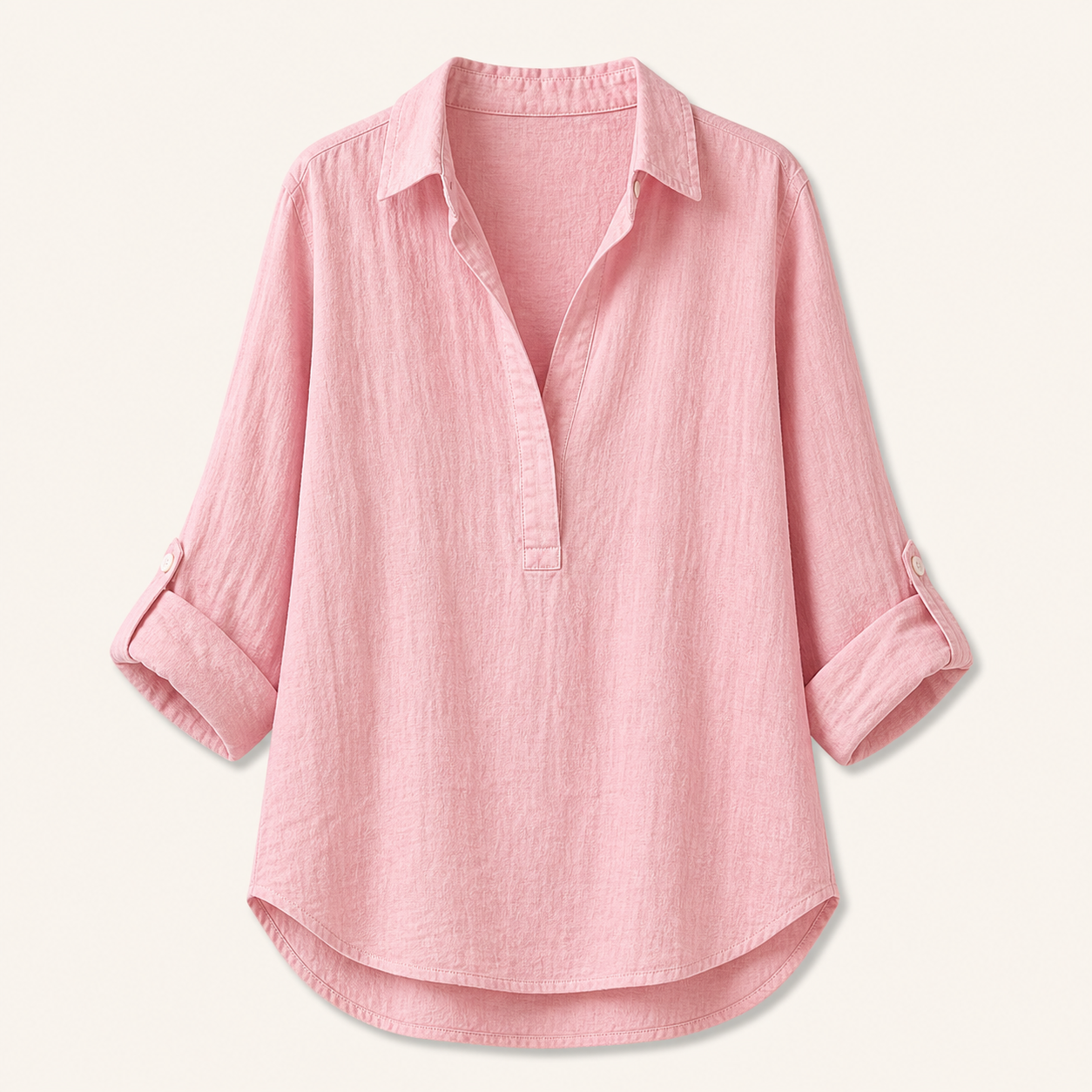 Pink women's linen roll-sleeve tunic shirt