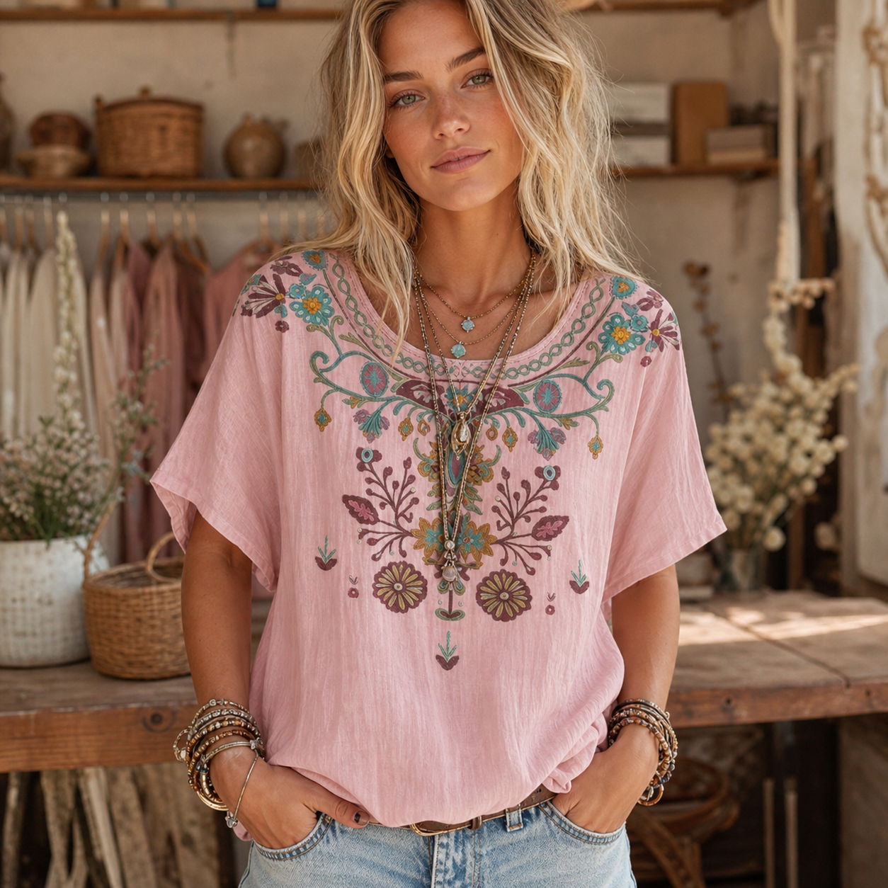 Pink women's boho embroidered blouse
