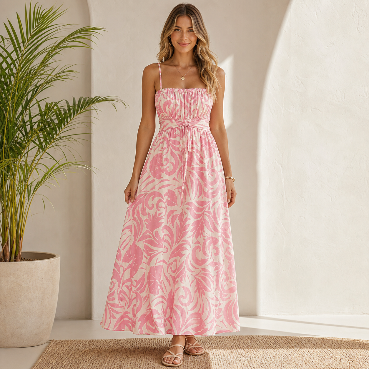 Pink Leaf women's tropical print cami maxi dress