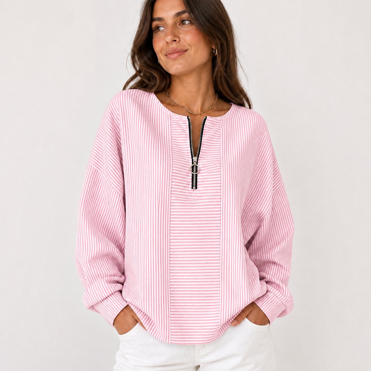 Pink Stripe women's striped zip-neck pullover
