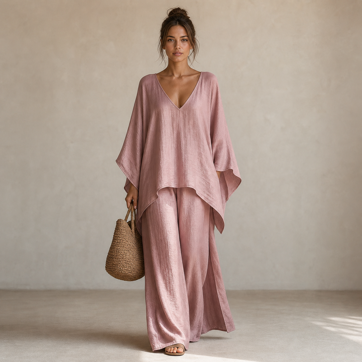 Rose women's loose V-neck two piece set