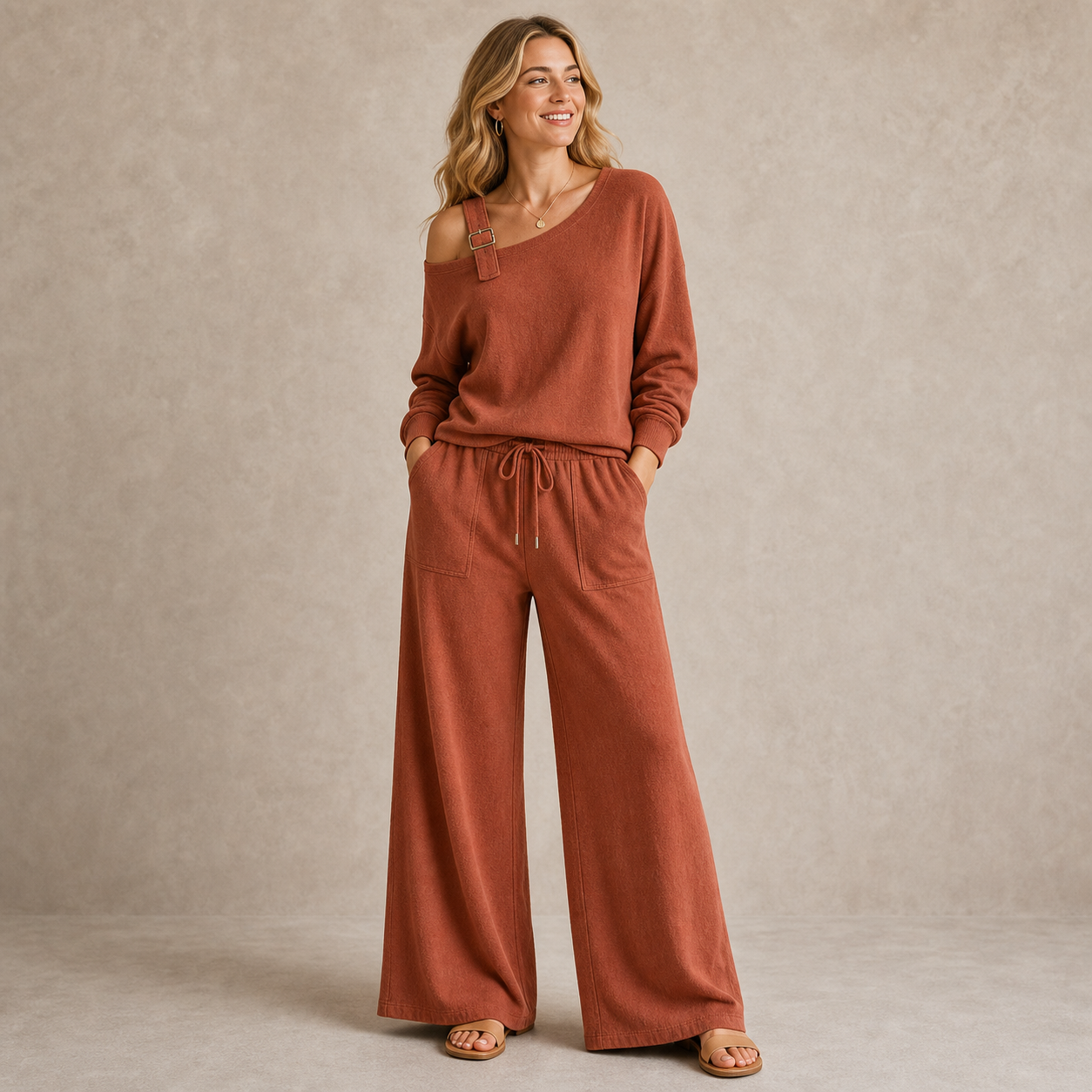 Rust women's off shoulder buckle lounge set