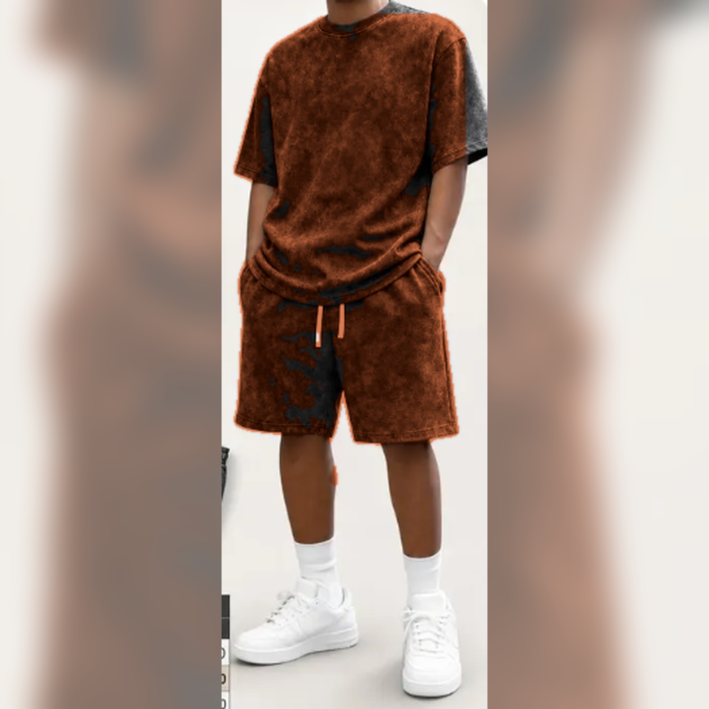 Rust men's washed tee and shorts set model