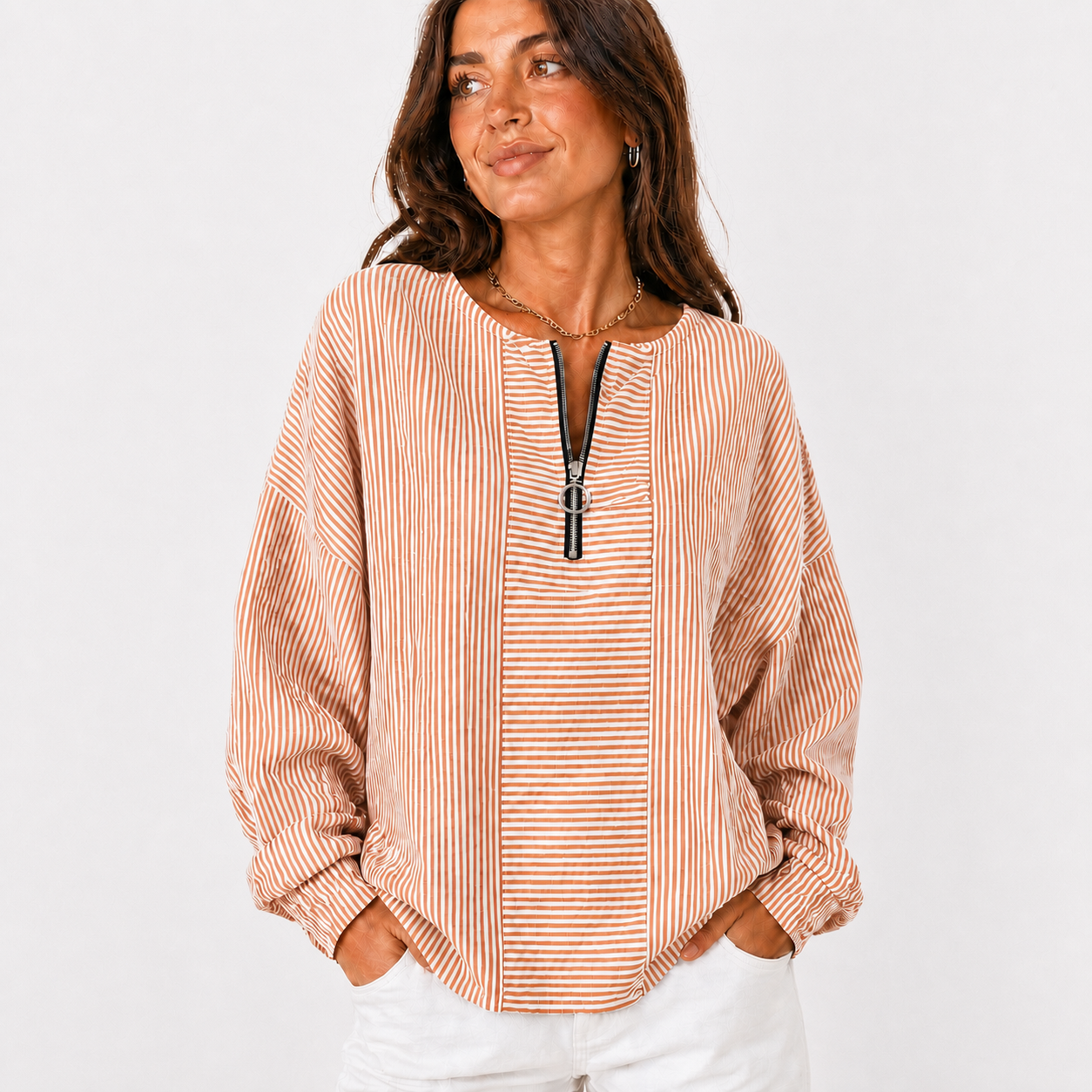Rust Stripe women's striped zip-neck pullover