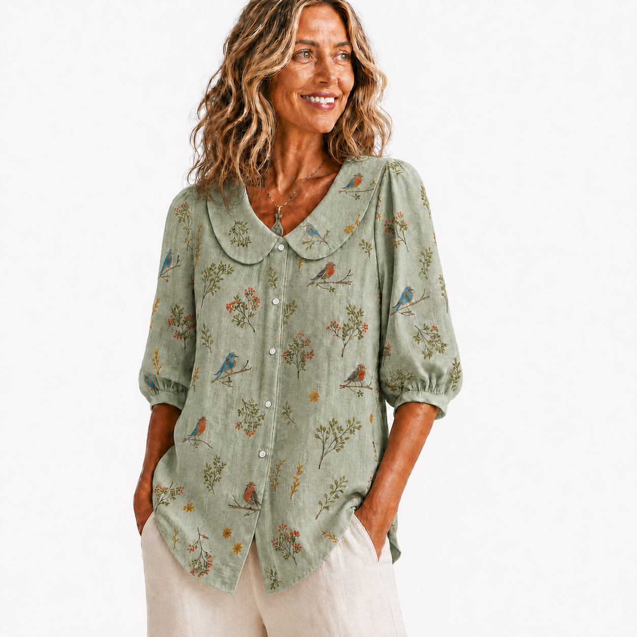 Sage women's bird botanical collar blouse