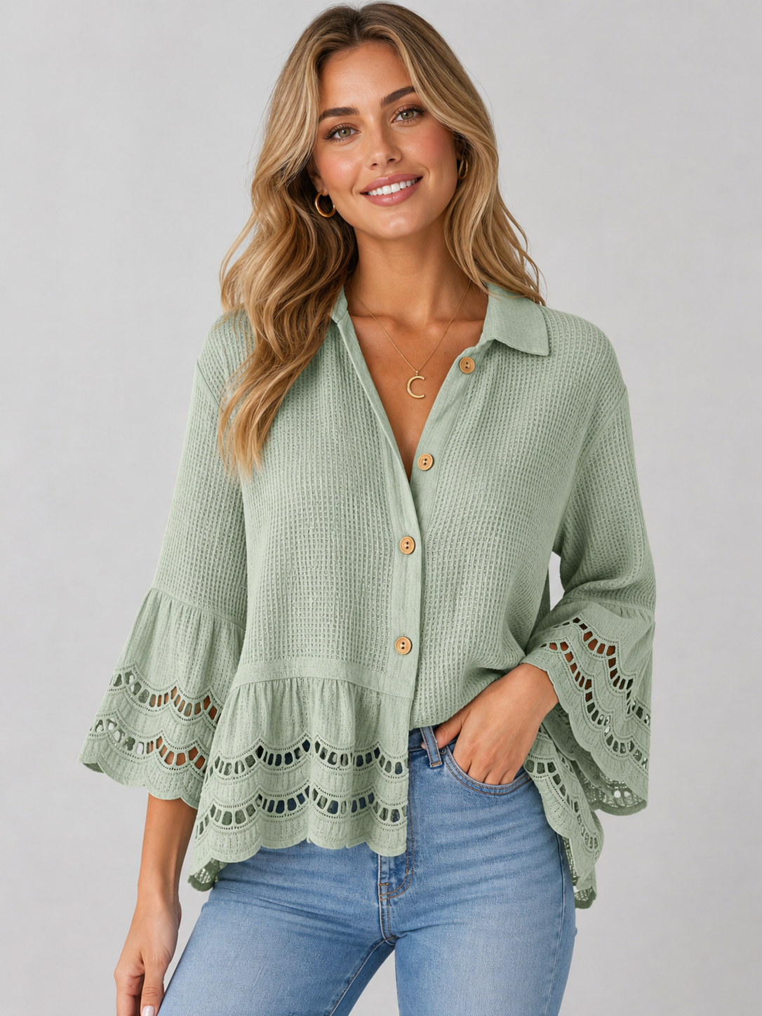 Sage women's lace trim button blouse