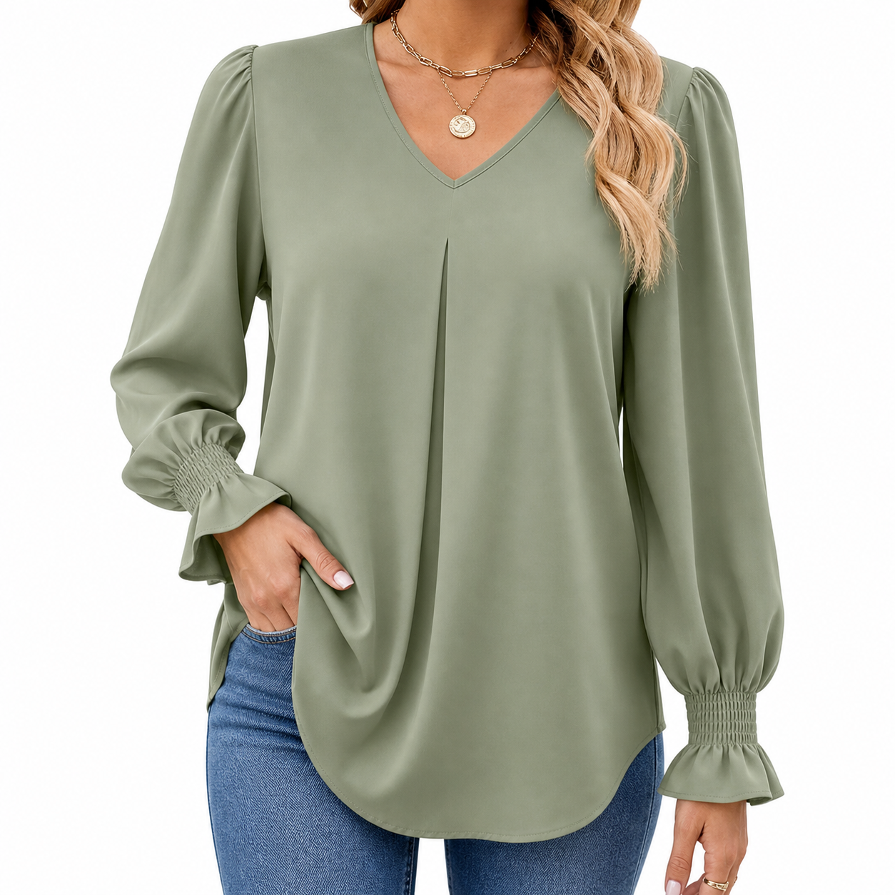 Sage women's V-neck pleated sleeve blouse
