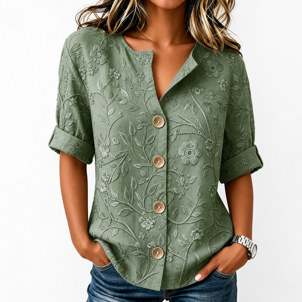 Sage women's embossed floral button shirt