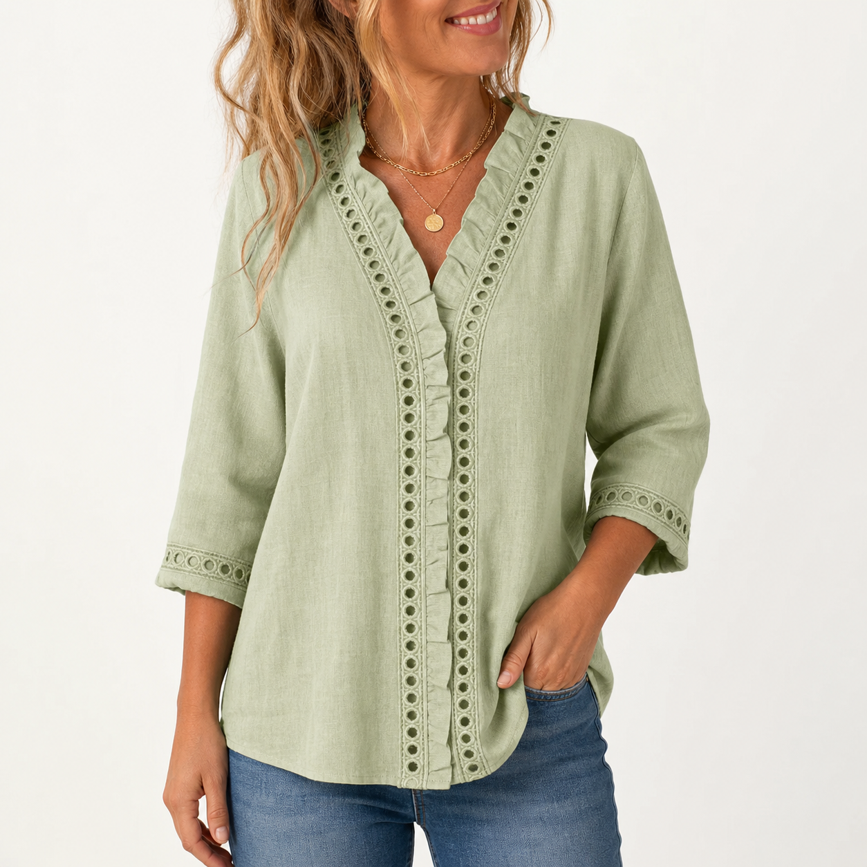 Sage women's linen lace ruffle V-neck blouse