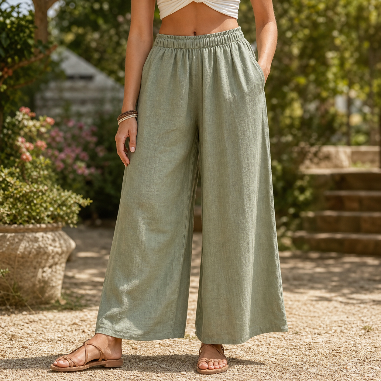 Sage Green women's cotton linen wide leg pants
