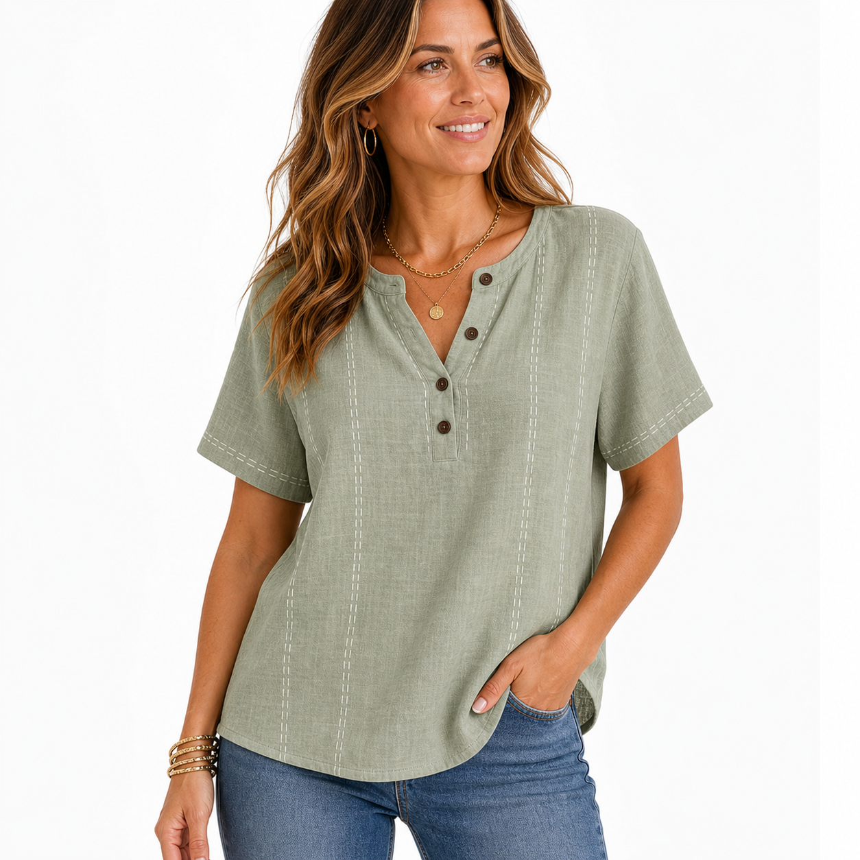 Sage Green women's contrast stitch Henley top