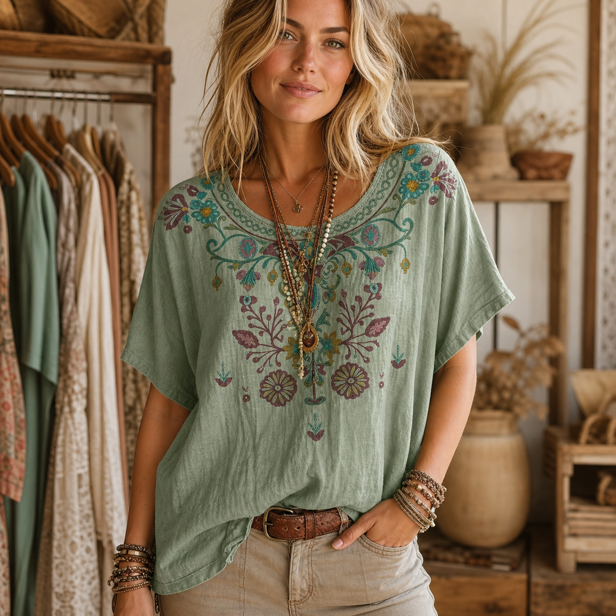 Sage Green women's boho embroidered blouse