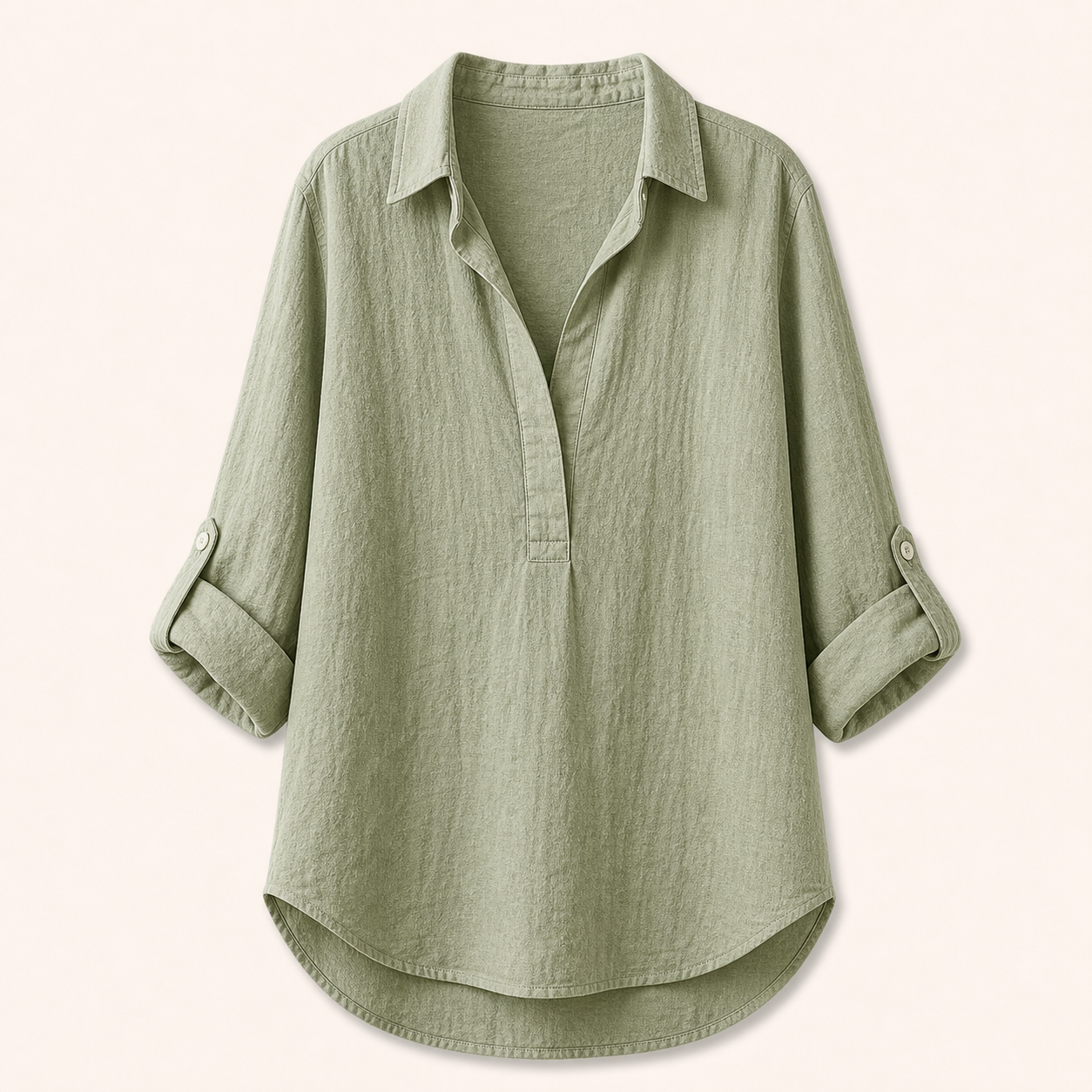 Sage Green women's linen roll-sleeve tunic shirt