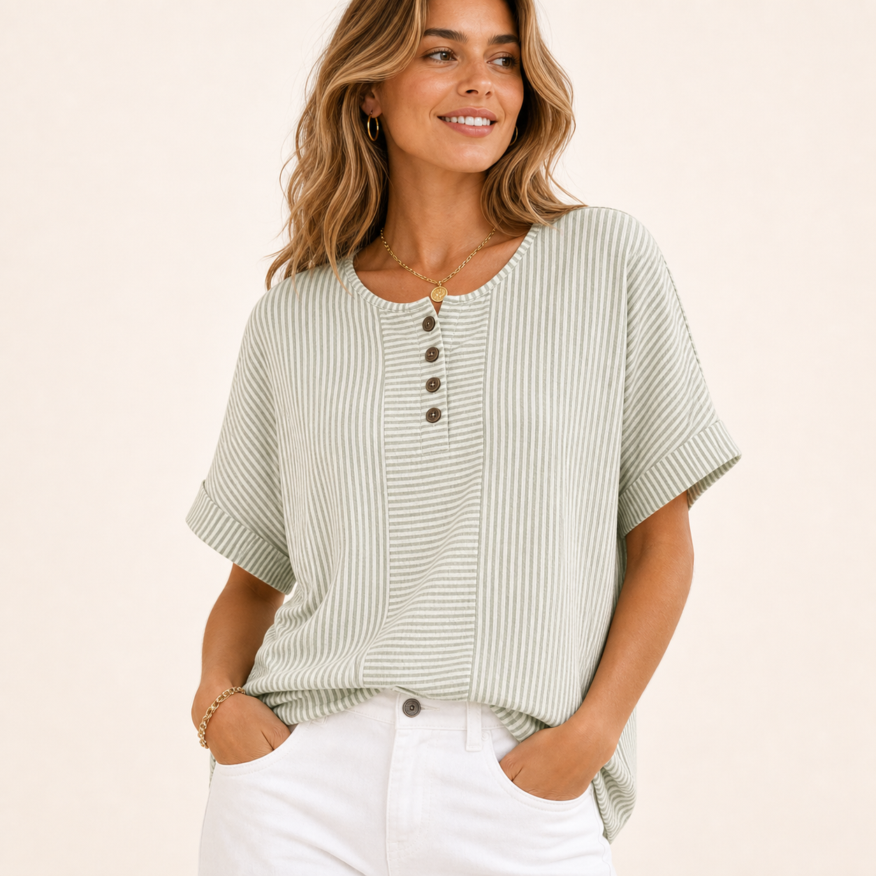 Sage Stripe women's striped button henley top