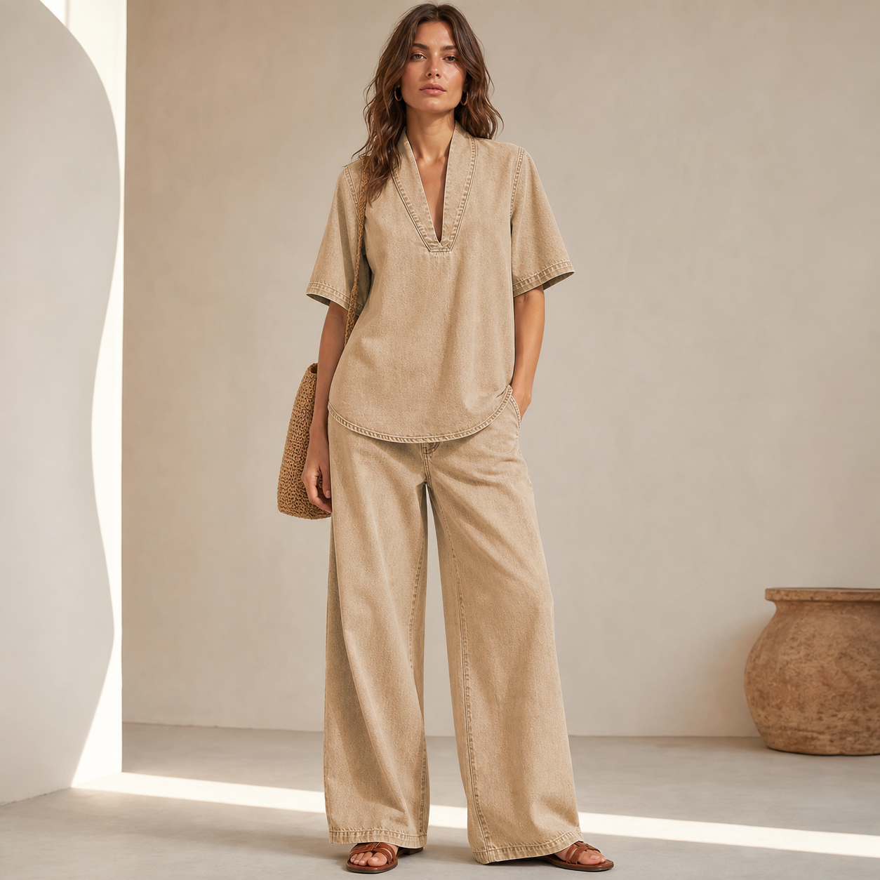 Sand Beige Denim women's denim V-neck wide-leg two-piece set