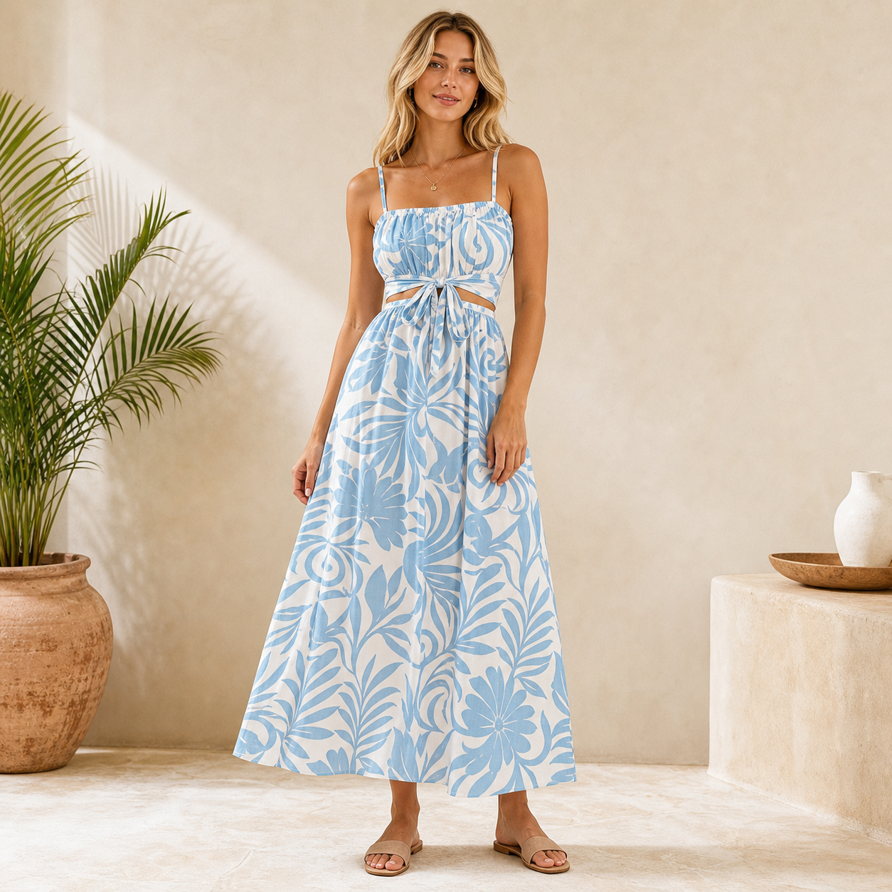 Sky Blue Leaf women's tropical print cami maxi dress