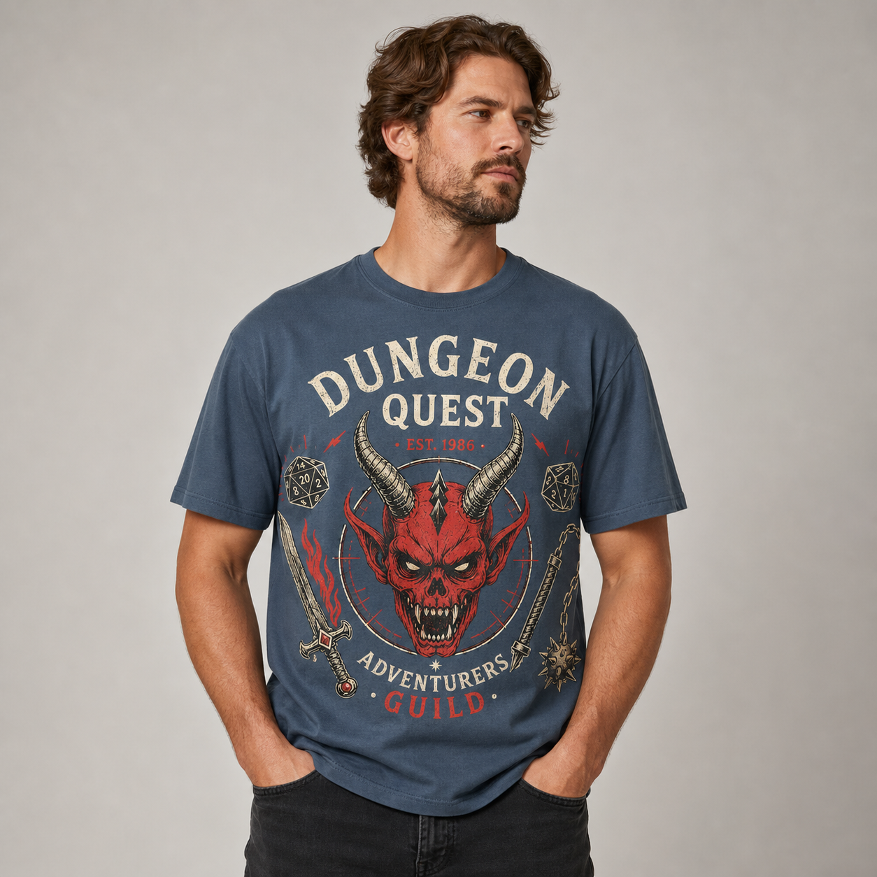 Slate Blue men's dungeon quest graphic tee