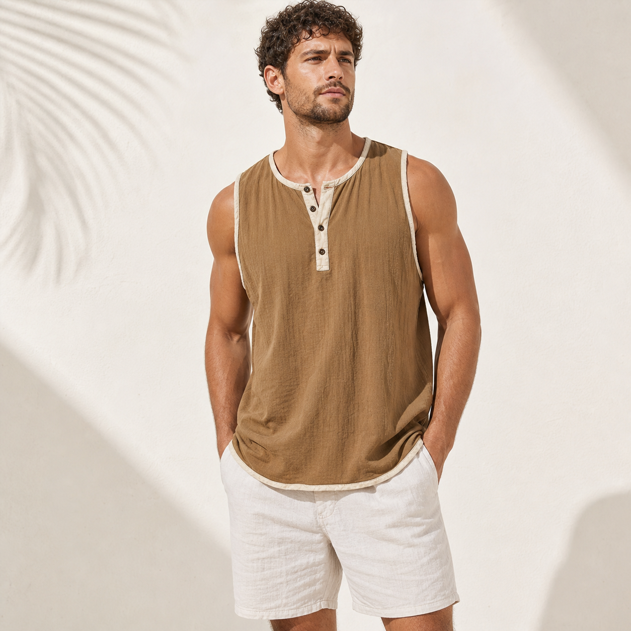 Tan Brown men's sleeveless henley tank top