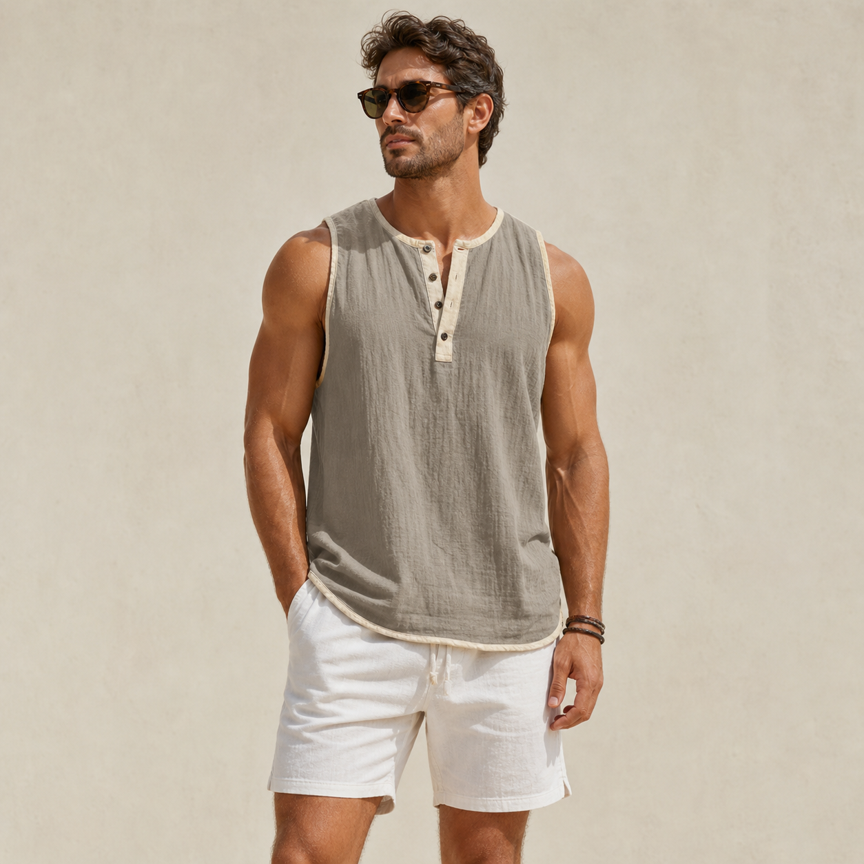 Taupe Gray men's sleeveless henley tank top