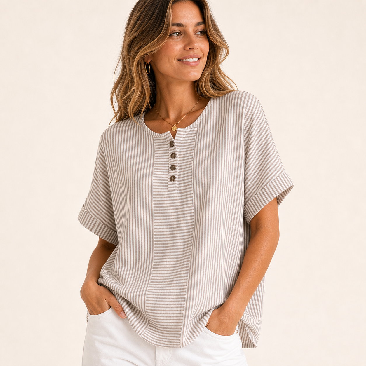 Taupe Stripe women's striped button henley top