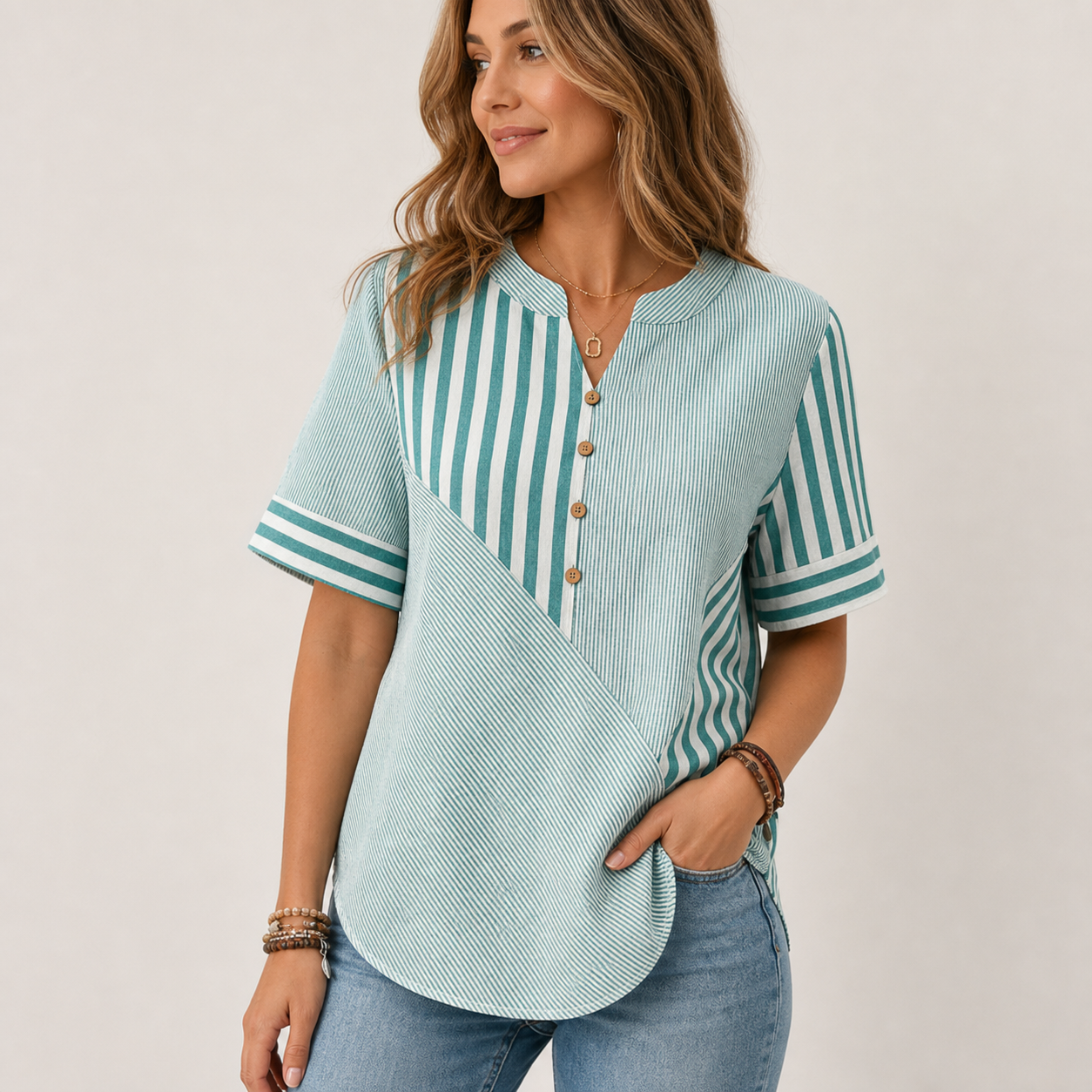 Teal women's striped patchwork button blouse
