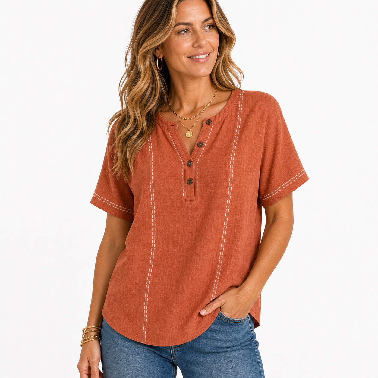 Terracotta women's contrast stitch Henley top