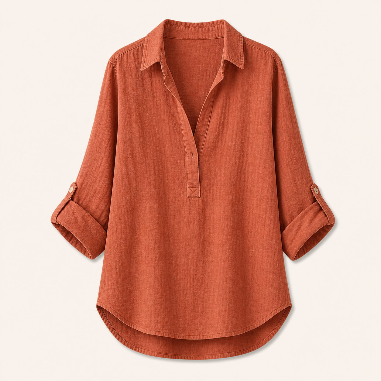 Terracotta women's linen roll-sleeve tunic shirt