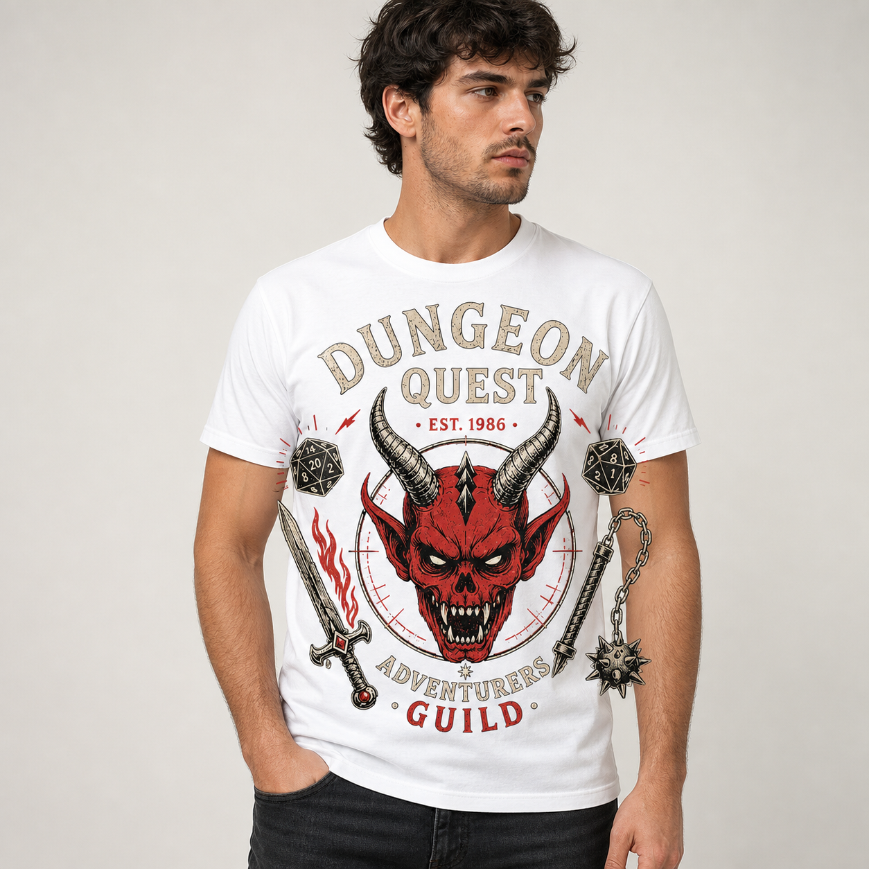 White men's dungeon quest graphic tee