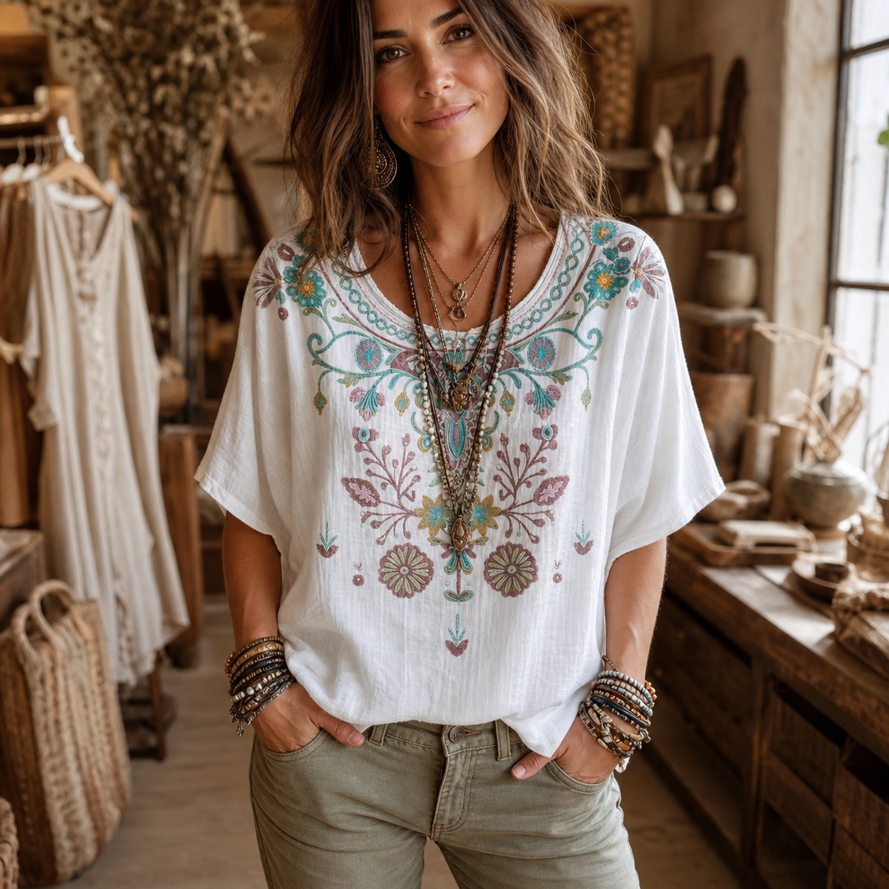 White women's boho embroidered blouse