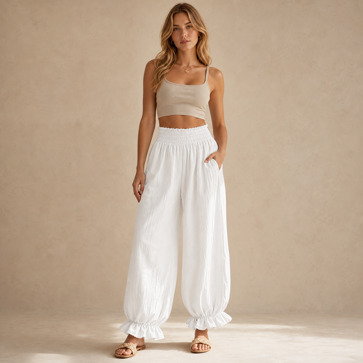 White women's smocked waist ruffle hem harem pants