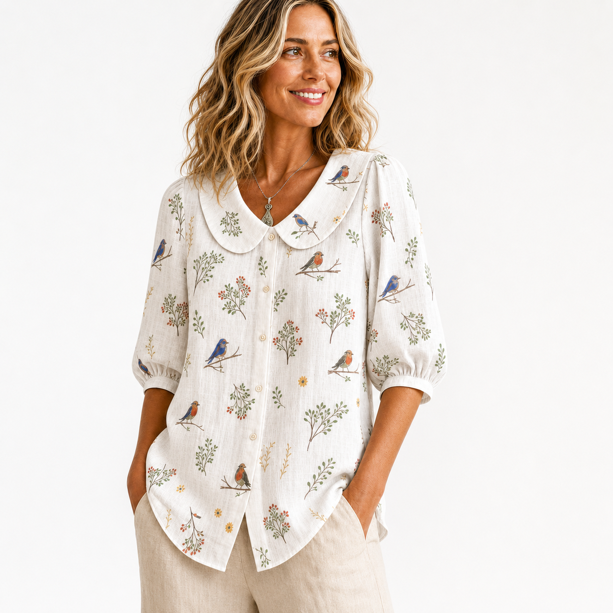 White women's bird botanical collar blouse