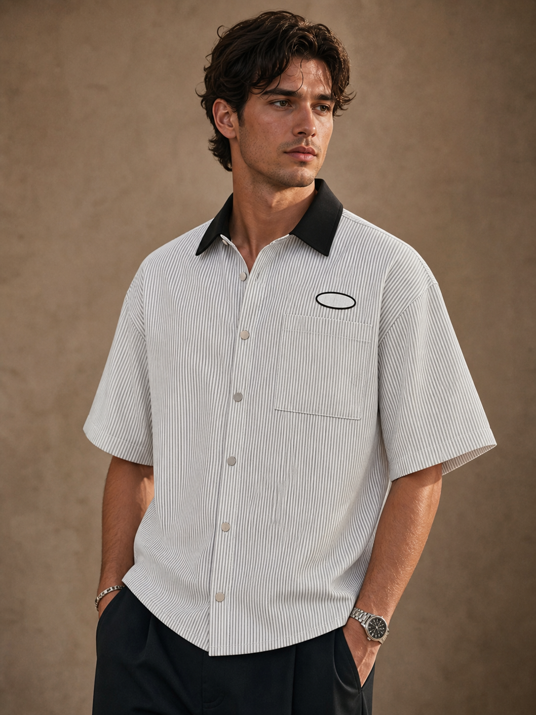 White men's striped button shirt