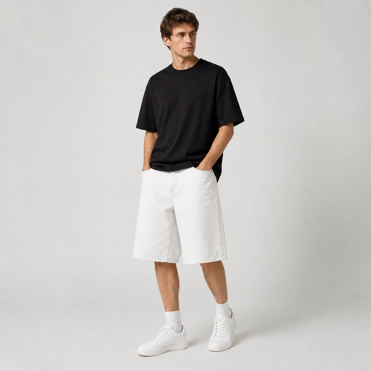 White men's baggy denim shorts
