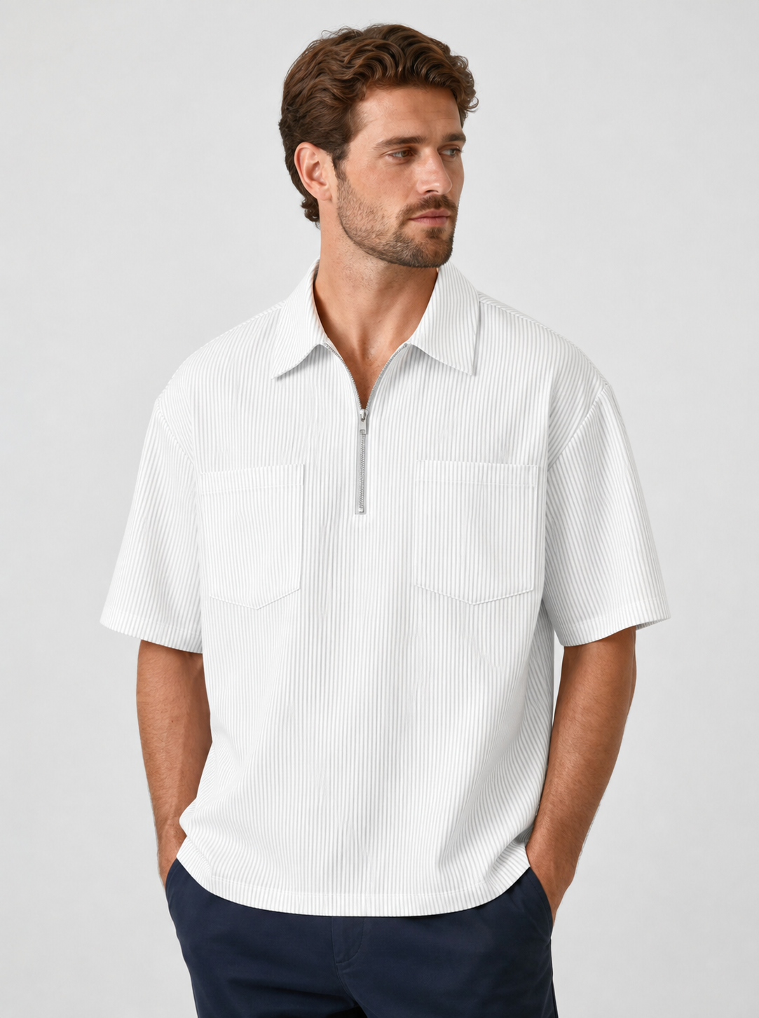 White men's striped quarter zip shirt