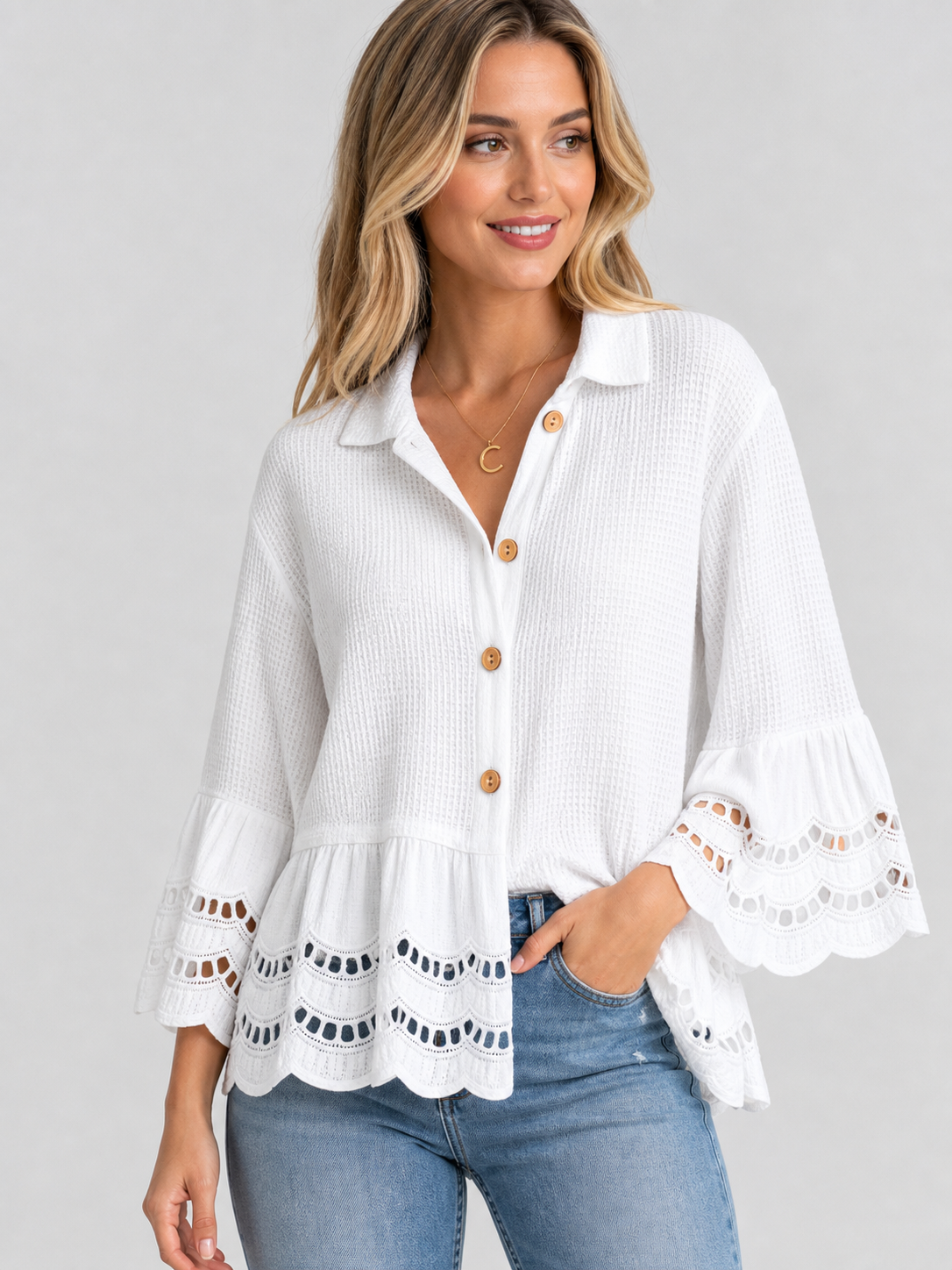 White women's lace trim button blouse