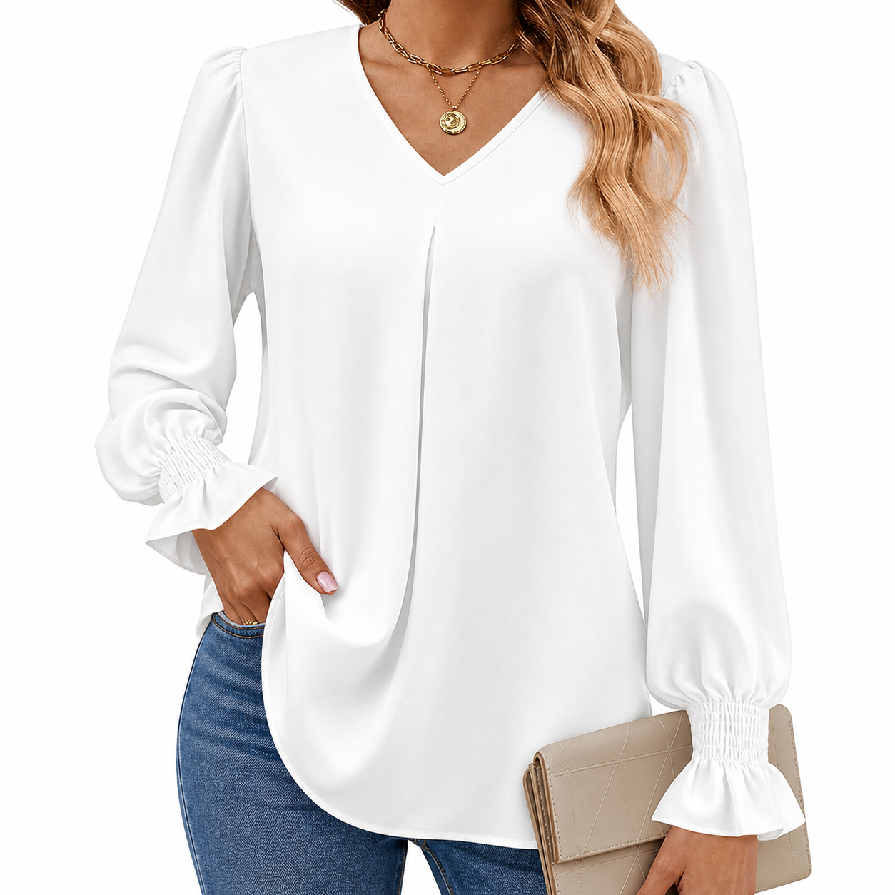 White women's V-neck pleated sleeve blouse