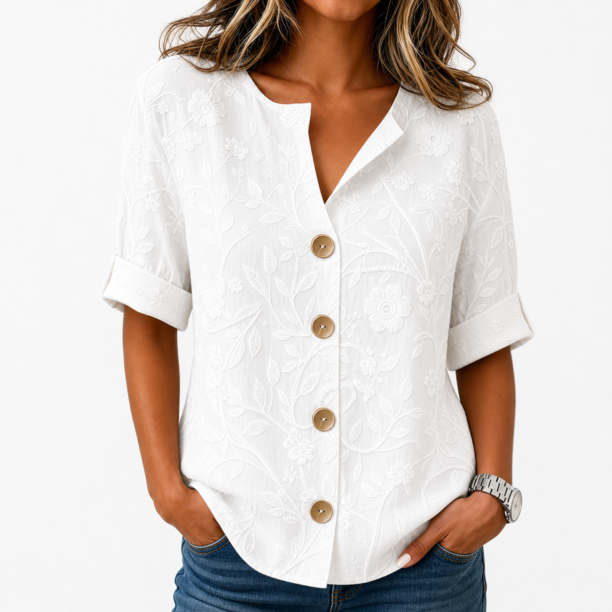 White women's embossed floral button shirt